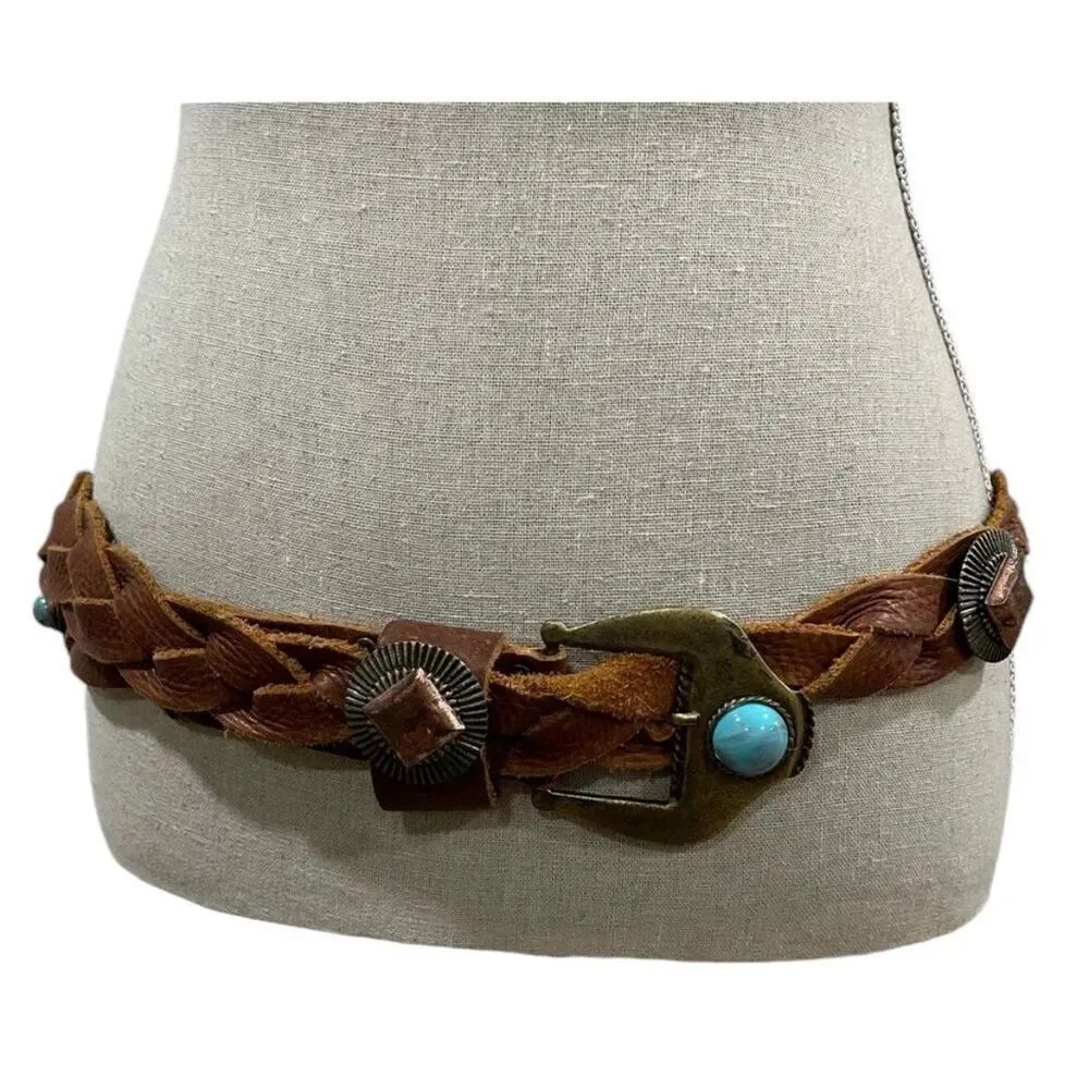 ✨Bebe cognac braided leather belt with turquoise details sz s/m✨